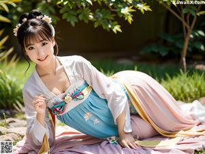 A woman in a blue and pink hanbok is posing for a picture.