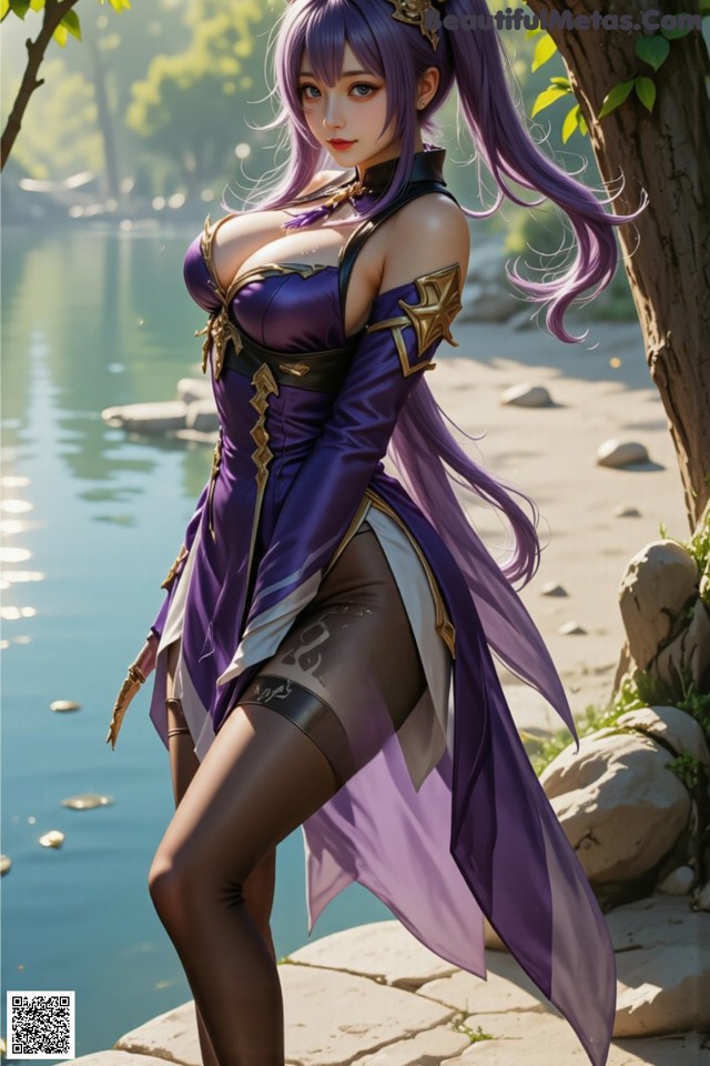 Hentai - Sovereign of Lightning in Exquisite Garb Set.1 20250125 Part 13 No.b6efca A woman in a purple dress standing next to a body of water.