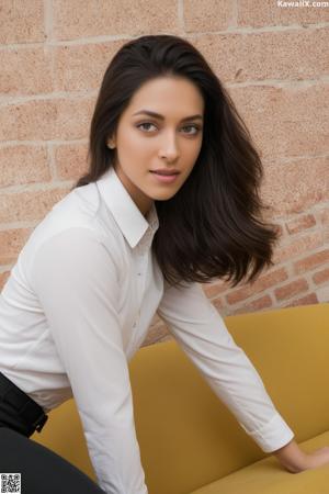 A woman in a striped shirt is posing on a couch.