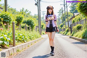 A woman in a purple shirt and black skirt posing for a picture.