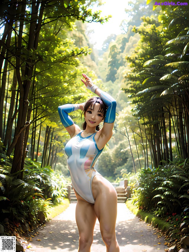 A woman in a blue and white bathing suit standing in a forest.