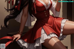 A woman in a red dress is dancing in front of a building.
