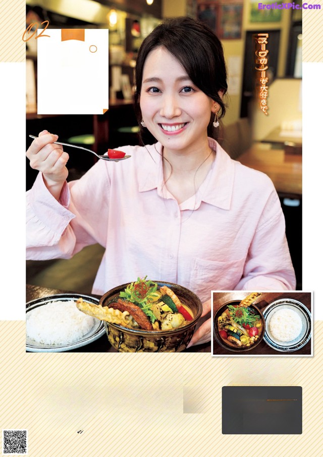 A woman holding a bowl of food with a spoon in it.