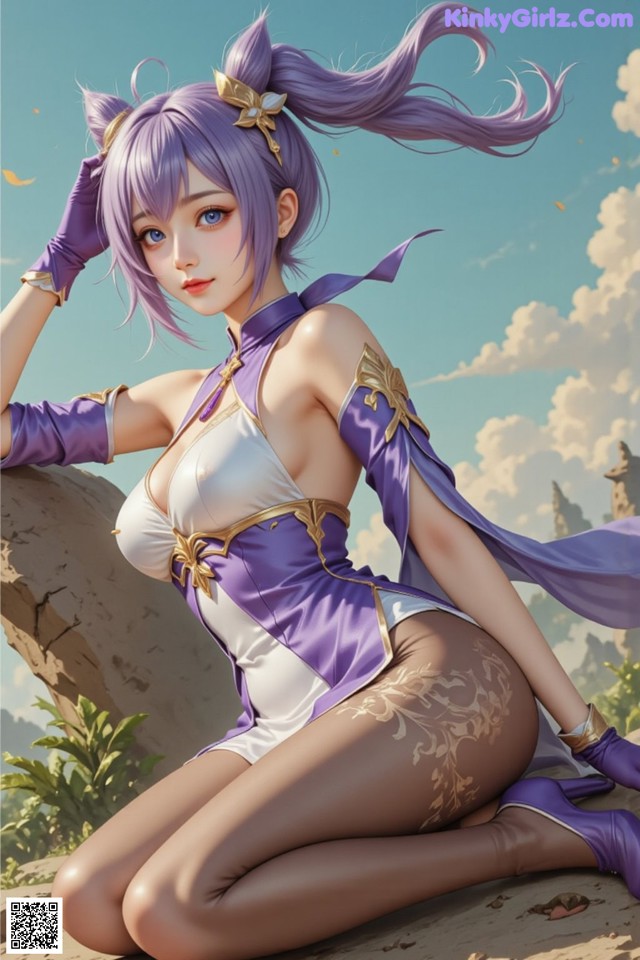 A woman in a purple and white outfit sitting on a rock.