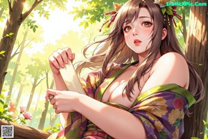 A woman in a kimono standing in the woods.