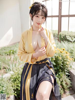 A woman in a purple kimono sitting on a bed.