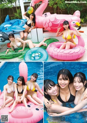 A woman in a white bikini sitting on an inflatable raft.