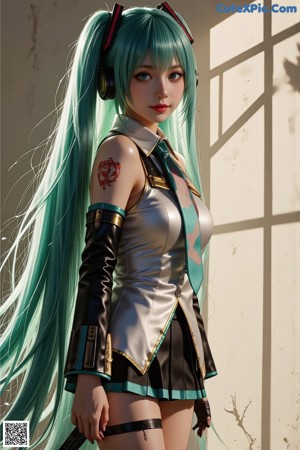 A woman with long green hair standing in a hallway.