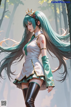 A woman with long blue hair wearing a school uniform.