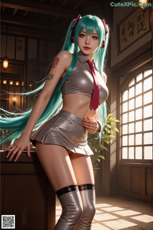 A woman with long green hair standing in a hallway.