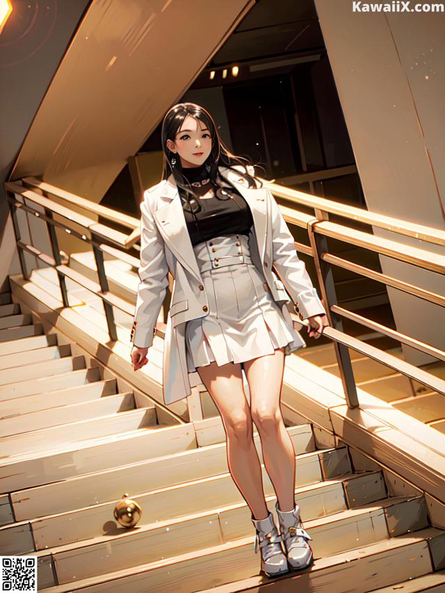 A woman in a white coat is walking up some stairs.