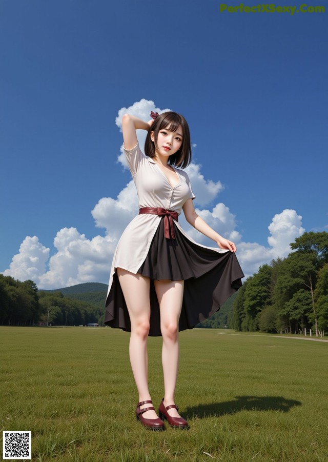 A woman in a white shirt and black skirt standing in a field.