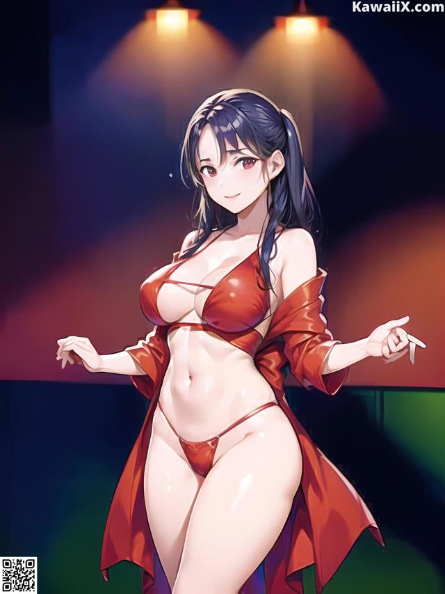 A woman in a red bikini standing on a stage.