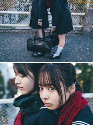 A collage of photos of a woman in a school uniform.