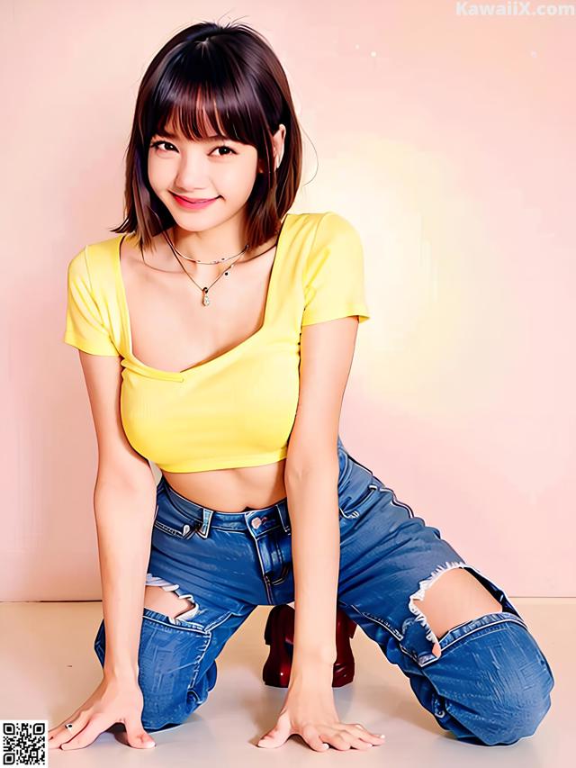 A woman in a yellow top and blue jeans posing for a picture.