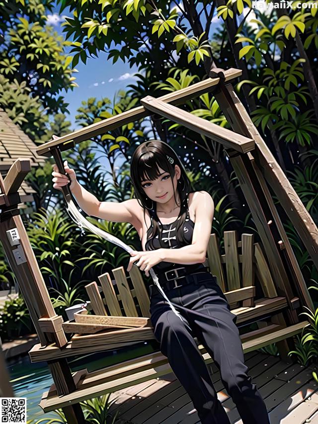 A woman sitting on a wooden bench holding a sword.