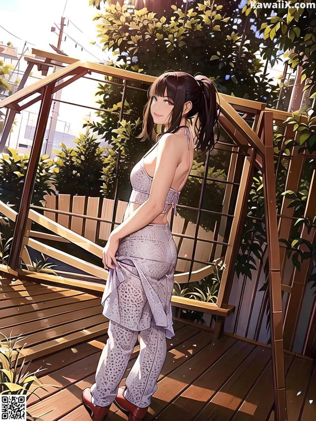 A woman standing on a wooden deck in a garden.