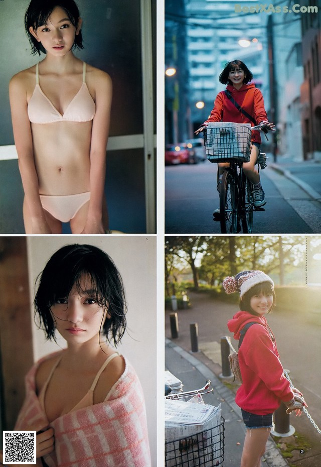 A series of photos of a woman in a bikini and a man on a bike.