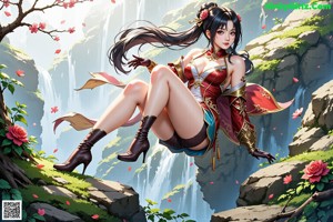 A woman with long black hair standing in front of a flowering tree.