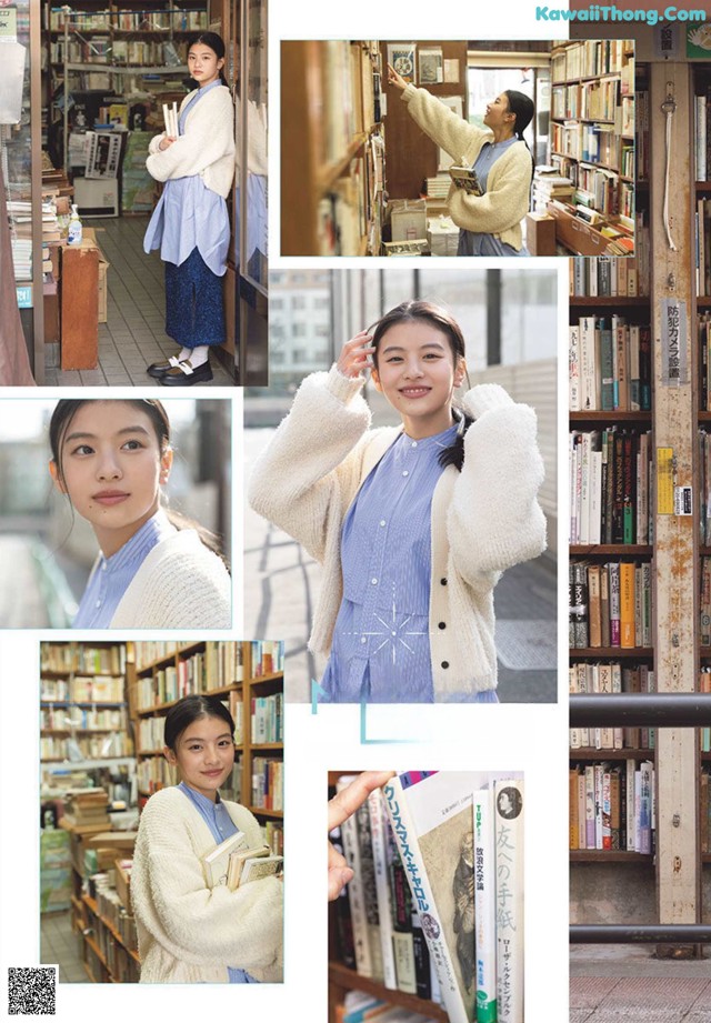 A collage of photos of a woman standing in front of a book shelf.