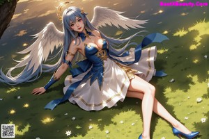 A woman with long blue hair wearing a white dress.