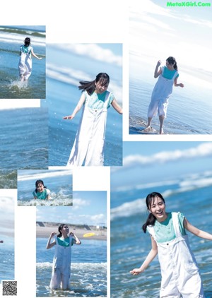 A collage of photos of a woman running in the water.