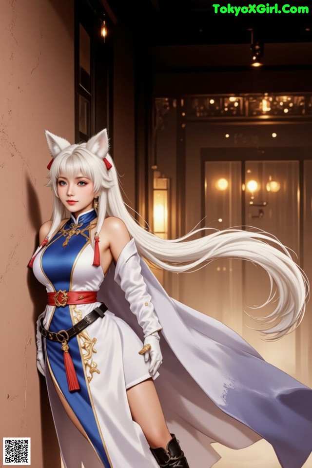 Hentai - Exotic Allure of the Untamed Lands Set.1 20250124 Part 12 No.490fd8 A woman in a white and blue dress with long white hair.