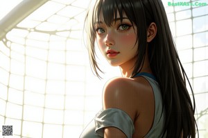 A nude anime girl with big tits posing for the camera.