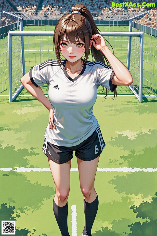 A woman standing in front of a soccer goal on a field.