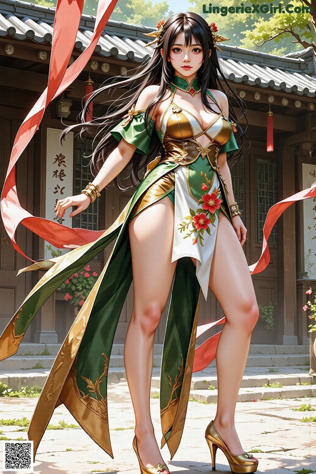 Hentai - The Frozen Elegance That Melts Starlight Set.1 20250104 Part 20 No.4a04b0 A woman in a green and gold outfit holding a red ribbon.
