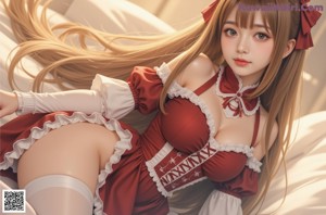 a woman in a red and white dress laying on a bed