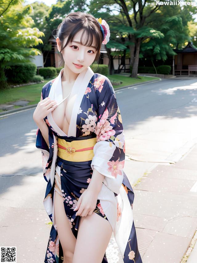 A woman in a kimono is posing for the camera.