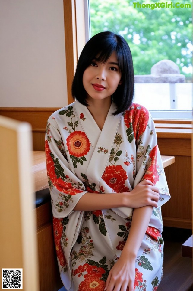 A woman in a kimono sitting on a window sill.