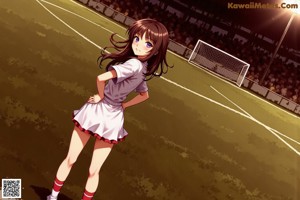 A woman in a soccer uniform standing in front of a fence.