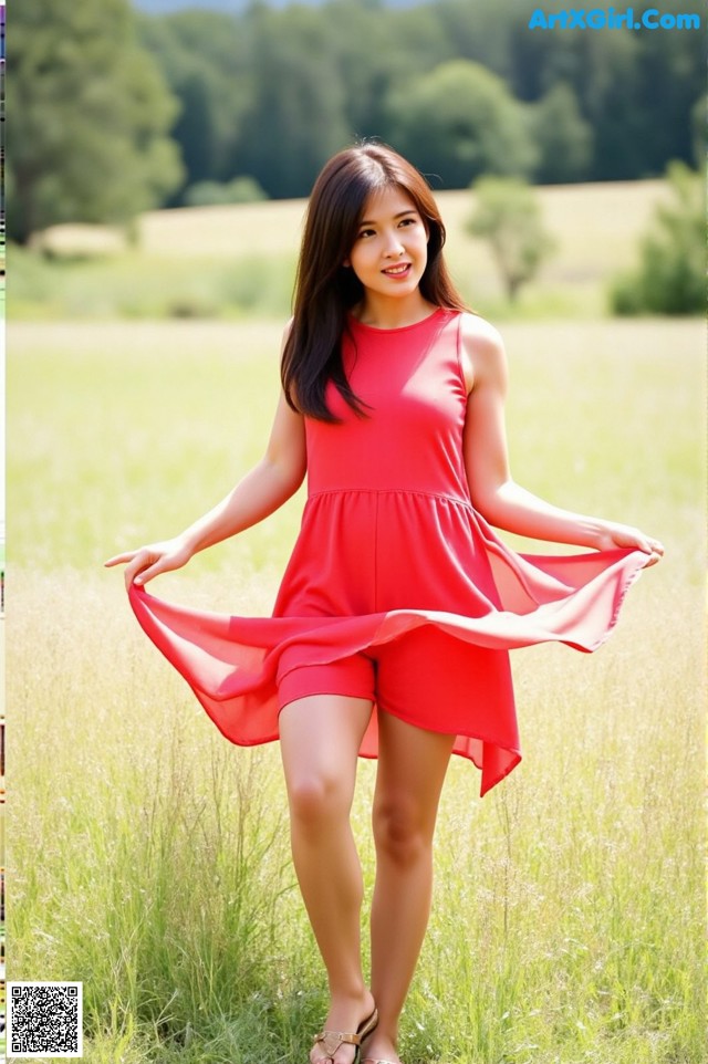 A woman in a red dress standing in a field.