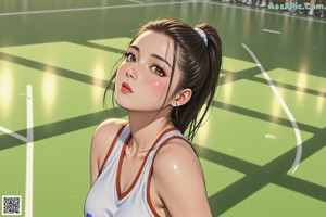 A girl in a basketball uniform holding a basketball on a court.