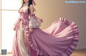 a woman in a white dress with a pink bow