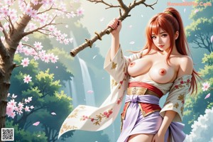 A woman in a red and white kimono with a sword, standing outdoors with cherry blossoms.