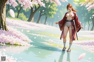 A woman in traditional attire holds a sword, standing amidst cherry blossoms.