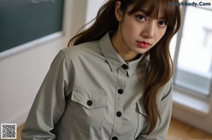 A woman standing in front of a blackboard holding a book.