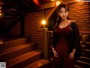 A woman in a black and red outfit sitting on a table.