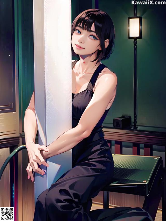 A woman in a black dress leaning against a wall.