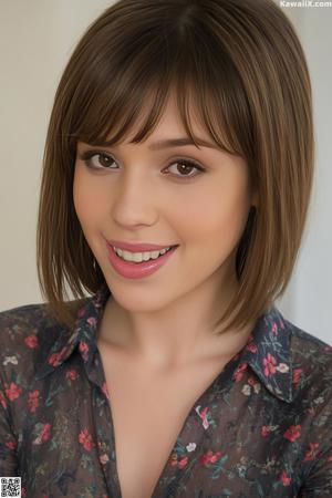 A woman in a blue and gray dress posing for a picture.