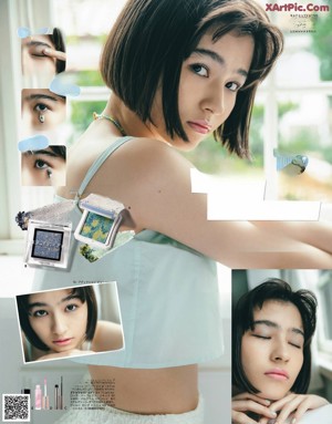 A magazine page with a picture of a woman applying makeup.