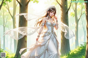 A woman in a wedding dress standing in the woods.