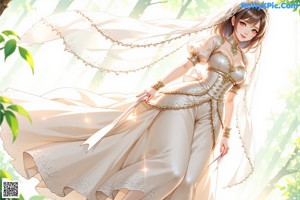 A woman in a long dress walking through a forest.