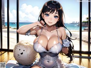 Anime girl with big tits sitting on a bed.