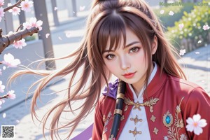 A woman in traditional attire stands by a waterfall, surrounded by cherry blossoms and greenery.