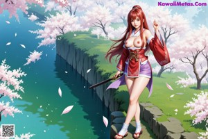 A woman with long brown hair and traditional attire stands outdoors amidst cherry blossoms.