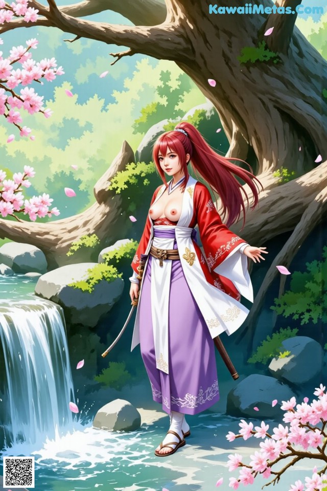 A woman in traditional attire stands by a waterfall, surrounded by cherry blossoms and greenery.